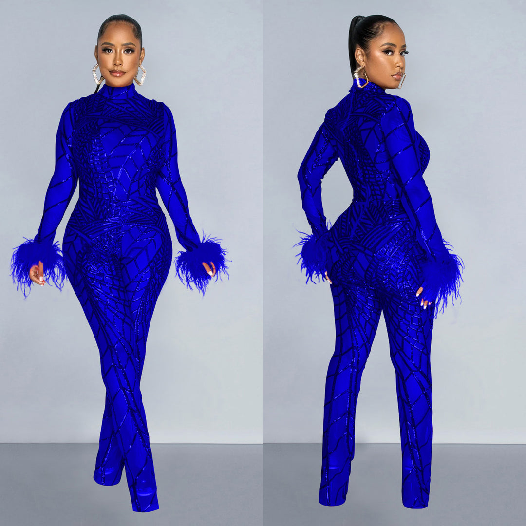 Dame Elegant Jumpsuit med gennemsigtigt overmateriale og glamourøse strassdetaljer Stilla