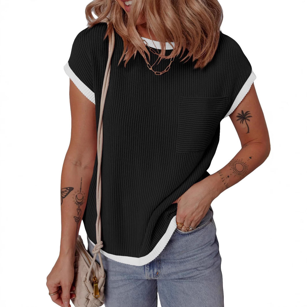 Dame Sporty T-shirt med kreativ ribdesign og brystlomme Stilla