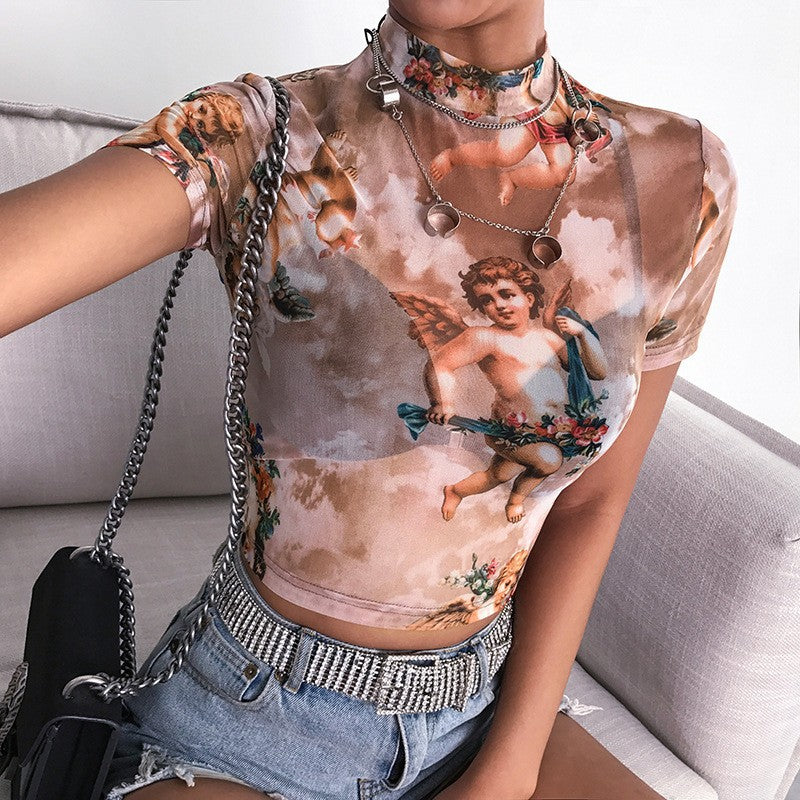 Dame Højhalset Crop-top med romantiske Engelmotiver Skovae