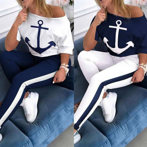 Dame Casual Nautik Grafik T-shirt og Joggingdragt Sæt Stilla