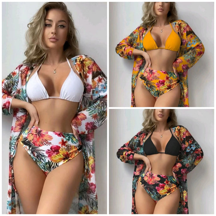 Dame Højtaljet Bikini-Sæt med Floral-Print og matchende Overtræk Stilla