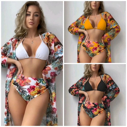 Dame Højtaljet Bikini-Sæt med Floral-Print og matchende Overtræk Stilla