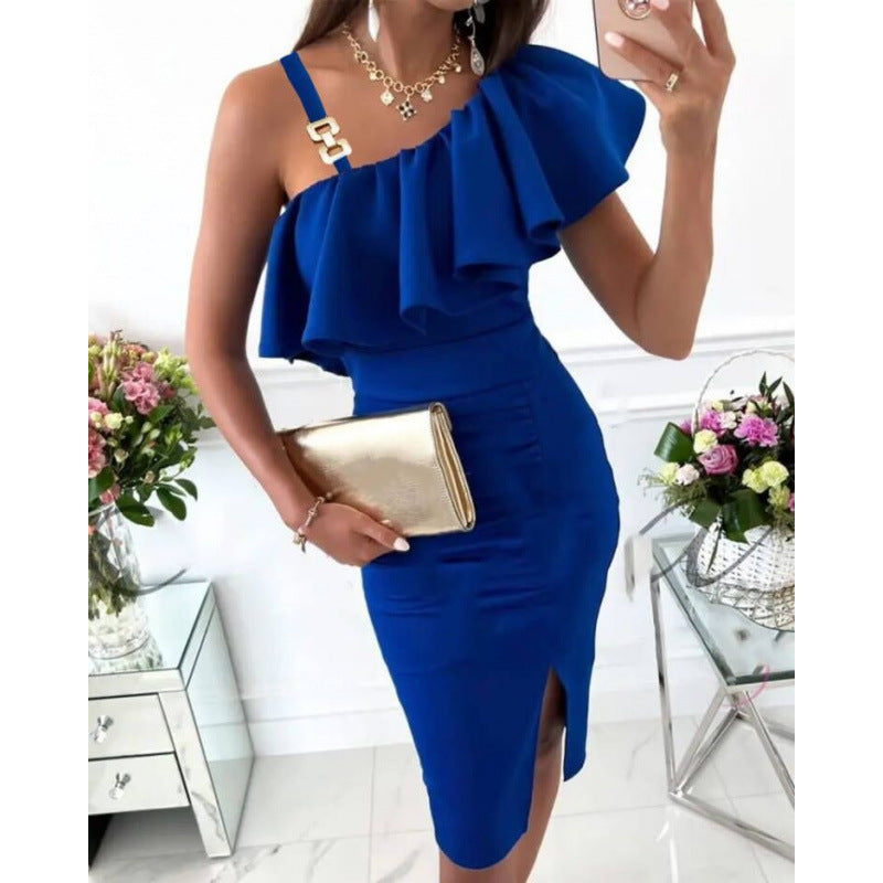 Femme Elegante Rynke En-Skulder Kjole Stilla