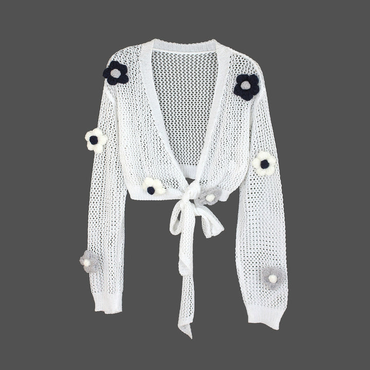Dame luftig strikcardigan med blomstret design og bundet kant Stilla