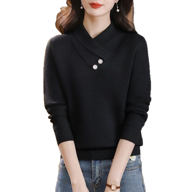 Dames elegant strikket pullover med chic V-hals og dekorative knapdetaljer Stilla
