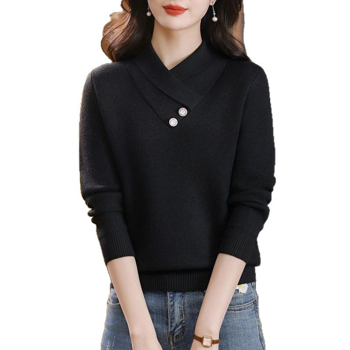 Dames elegant strikket pullover med chic V-hals og dekorative knapdetaljer Stilla