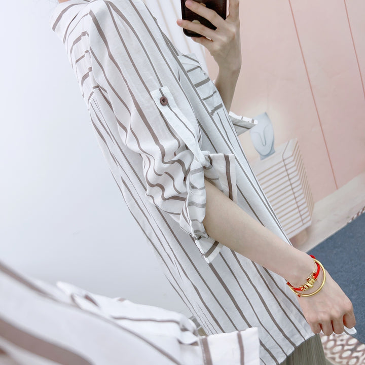 Damer Løst skåret lang bluse med stribet design og linned-blanding Stilla