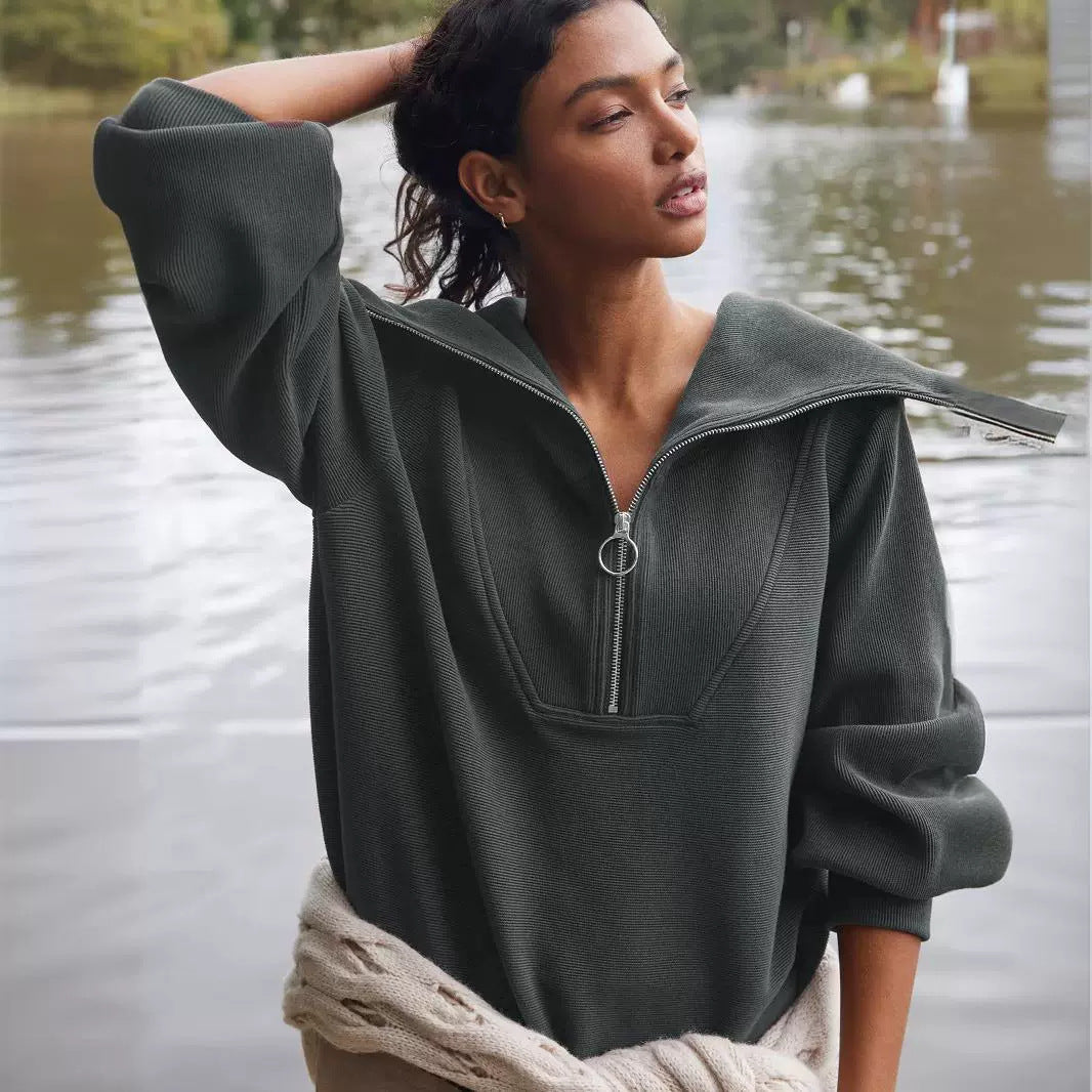 Dame Oversized Sweatshirt med elegant krave og lynlås Stilla
