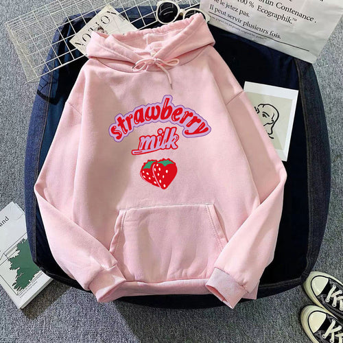 Dame hætte sweatshirt med munter jordbær mælk design Skovae