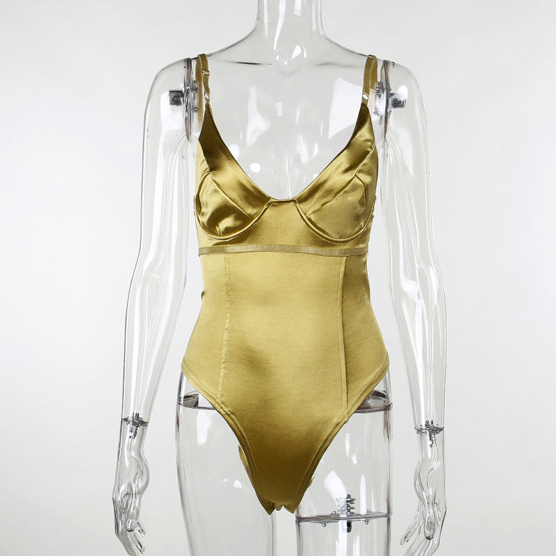 Dame Satin-Bustier-Top med dyb V-udskæring og elegant pasform Skovae