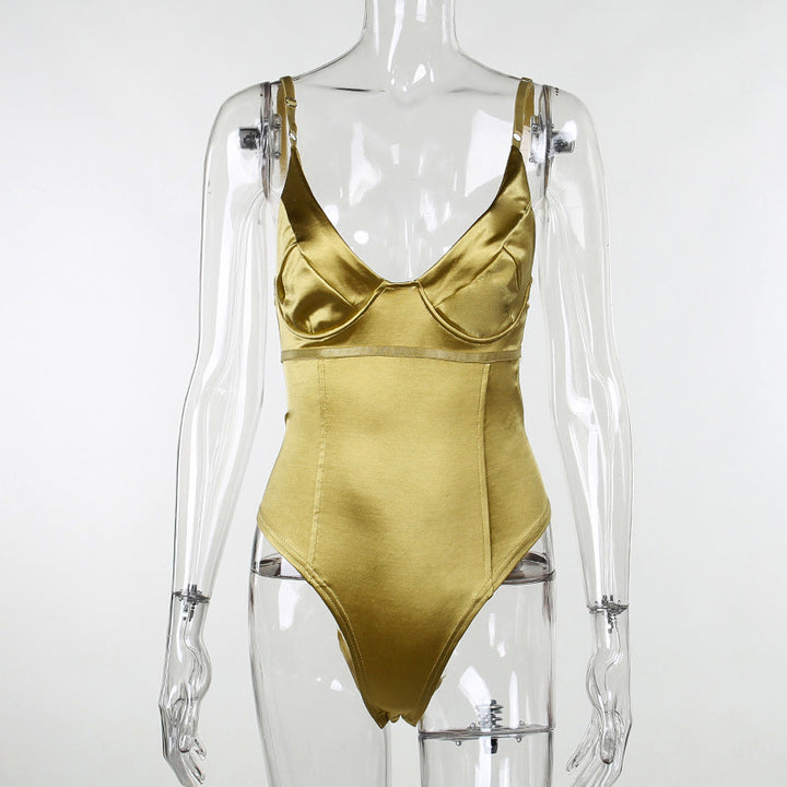 Dame Satin-Bustier-Top med dyb V-udskæring og elegant pasform Skovae