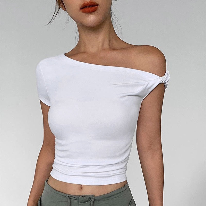 Dame skulderfri crop-top med ruf og fashionable knuder Skovae