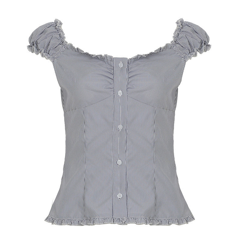 Dame bluse top med flæsedetaljer og elegante striber Skovae