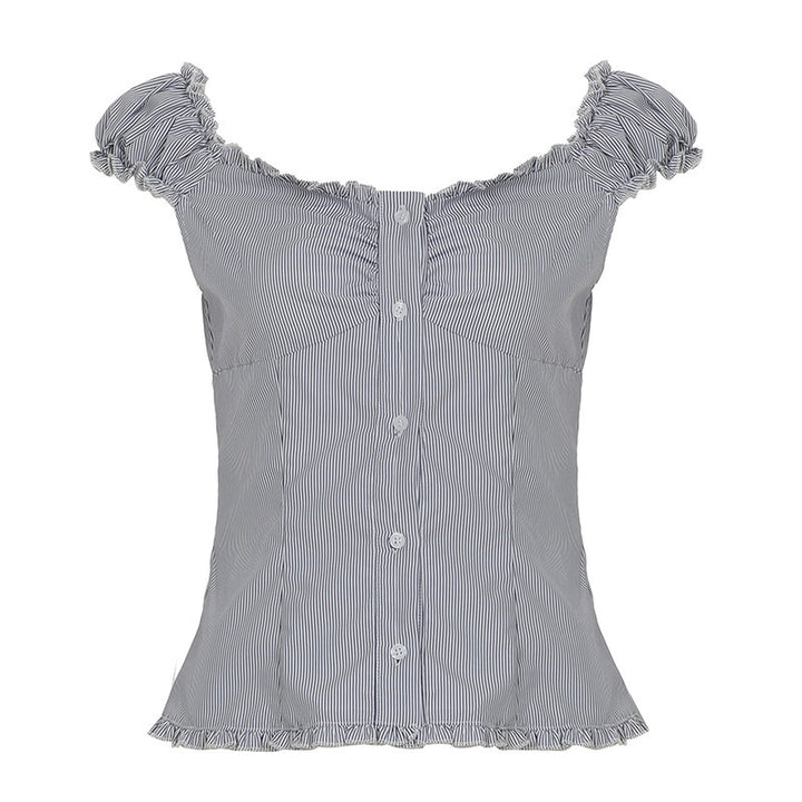 Dame bluse top med flæsedetaljer og elegante striber Skovae