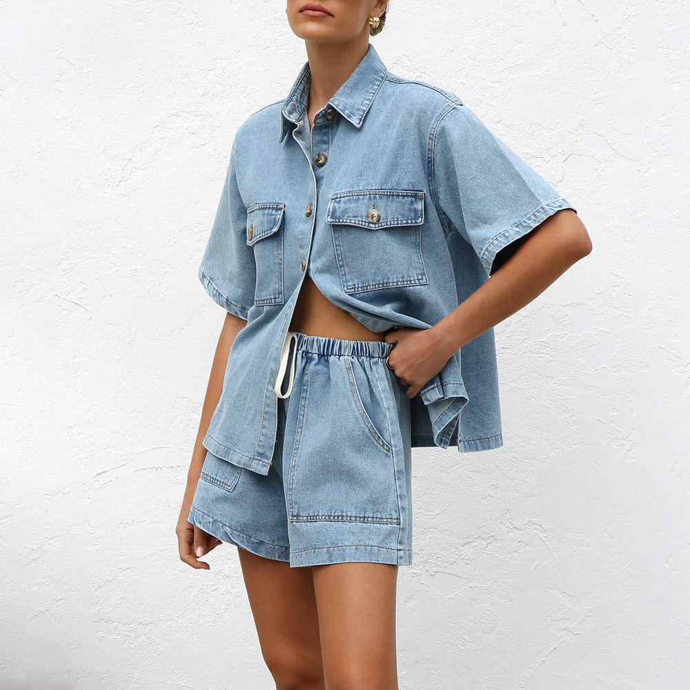 Stilla | Casual Taske-Korteærmet-Shirt Shorts Denim Sæt