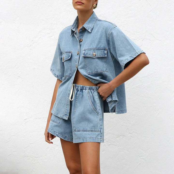 Stilla | Casual Taske-Korteærmet-Shirt Shorts Denim Sæt