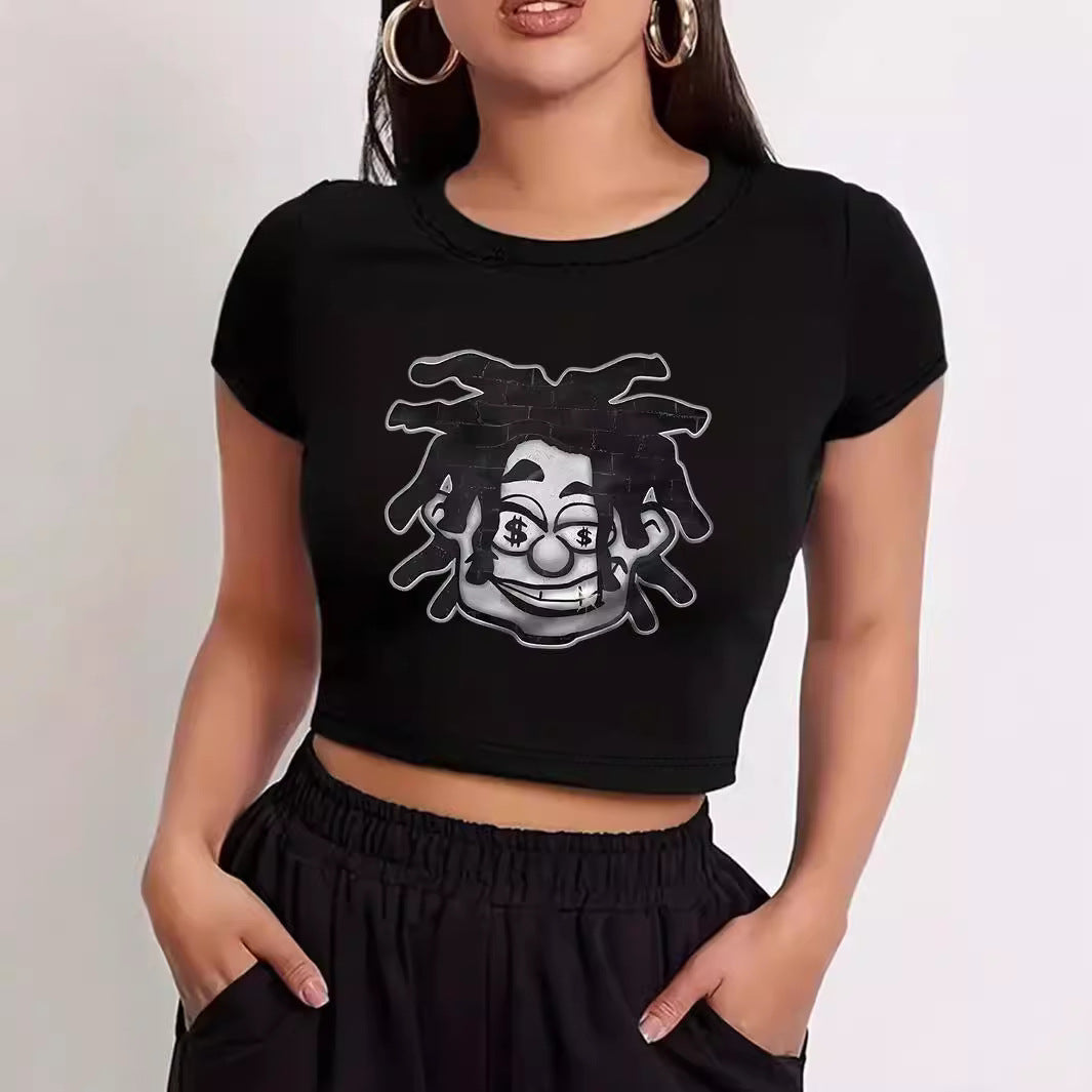 Dame Crop-T-Shirt med kreativt comic-motiv Skovae