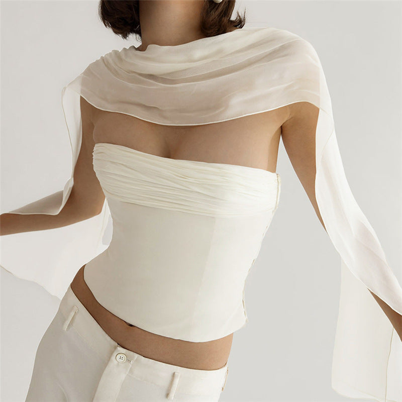 Dame Bandeau-top med elegant chiffonoverdel Skovae