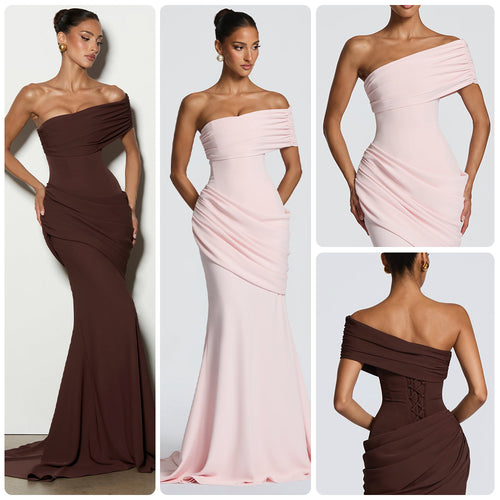 Kvinder Elegant, Off-the-Shoulder Aftenkjole med Sofistikeret Drapering og Flydende Snit