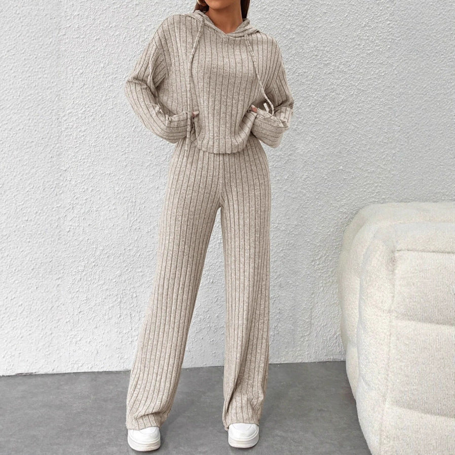 Dame Blødt Strik-Loungewear-Sæt med bredt bånd og ribbet design Stilla