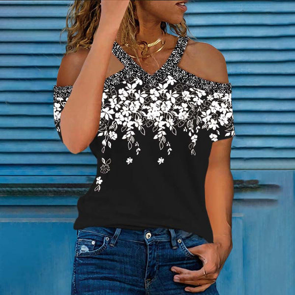 Dame Off-Shoulder Bluse med floral design og glitrende krave Stilla