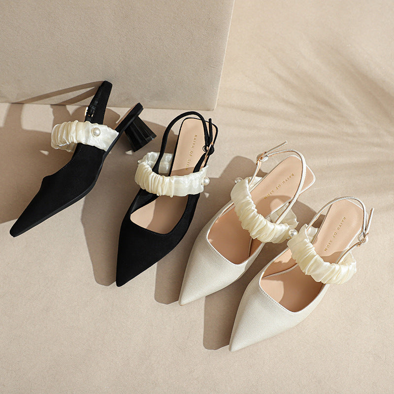 Kvinder Chic Spidse Tå Slingback Hæle med dekorativ Satin Flæse Stilla