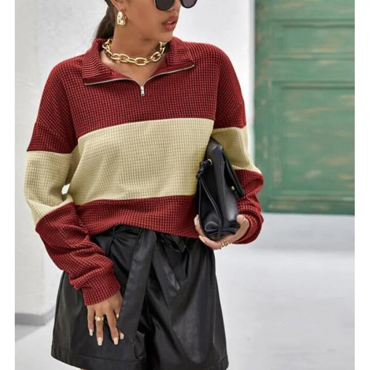 Kvinders sweater med lynlås og blokstriber Stilla