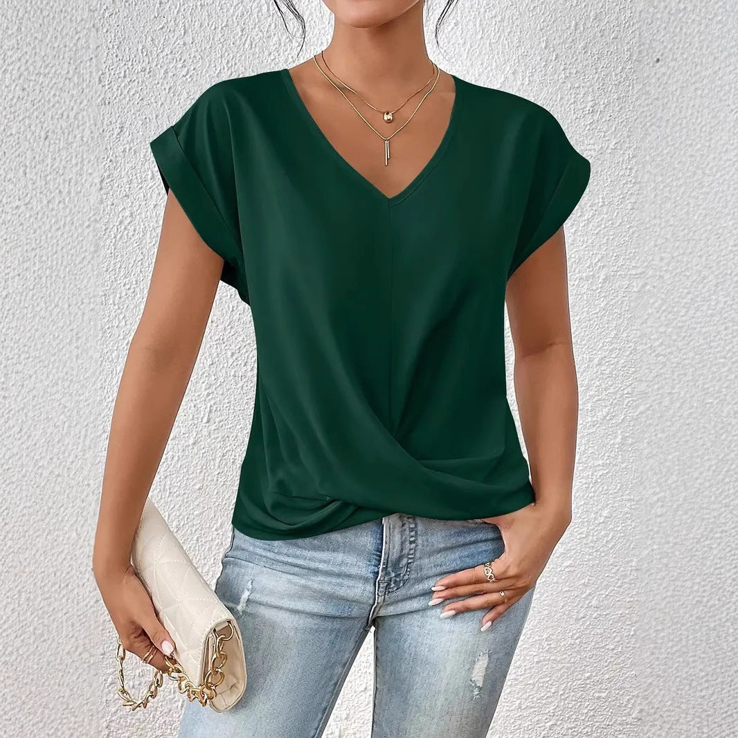 Damer elegant V-udskæring bluse med afslappet drapering Skovae