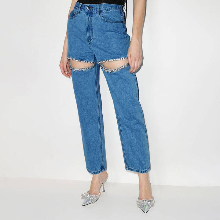 Dame ripped jeans med strass-belagte skæringspunkter Stilla