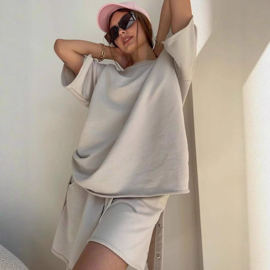 Kvinders casual top og shorts sæt med knapdetaljer Skovae