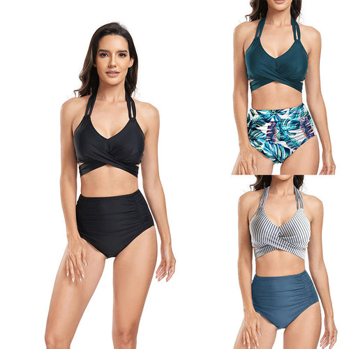 Dame højtaljet bikini-sæt med trendy indpaknings-top og floral print Stilla