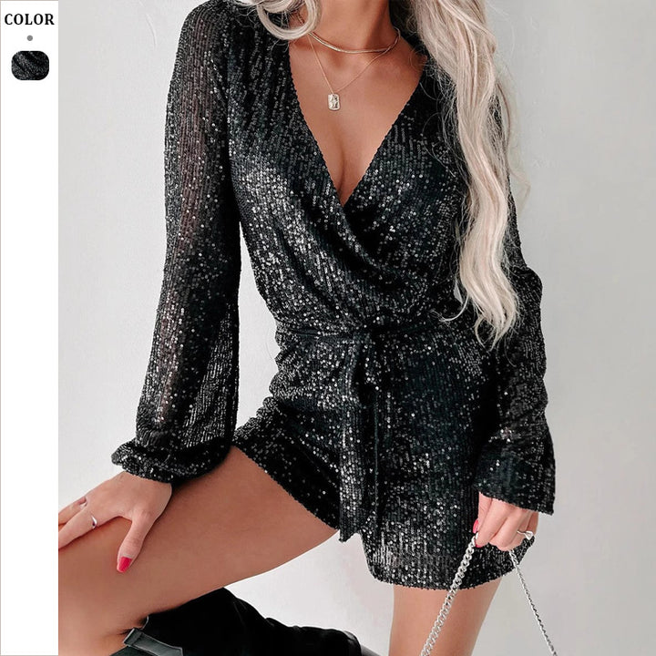 Dame Funklende Jumpsuit med V-hals og lange ærmer Stilla