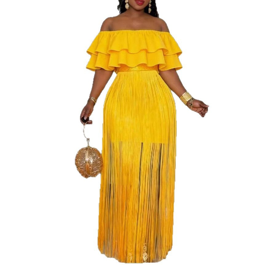 Dame Off-Shoulder Kjole med frynset kant Skovae