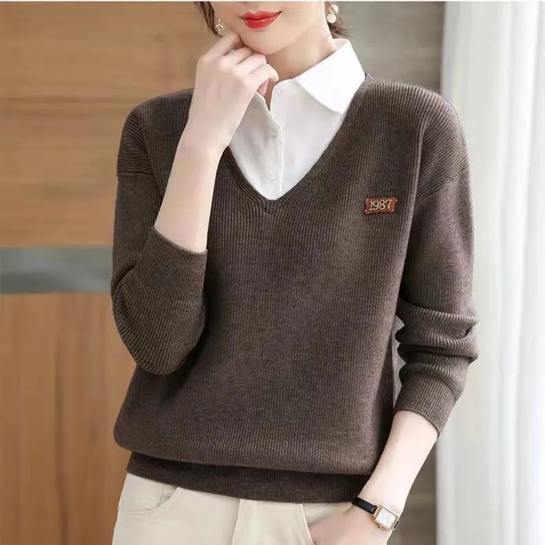 Kvinders elegante V-hals sweater med skjortekrave Stilla
