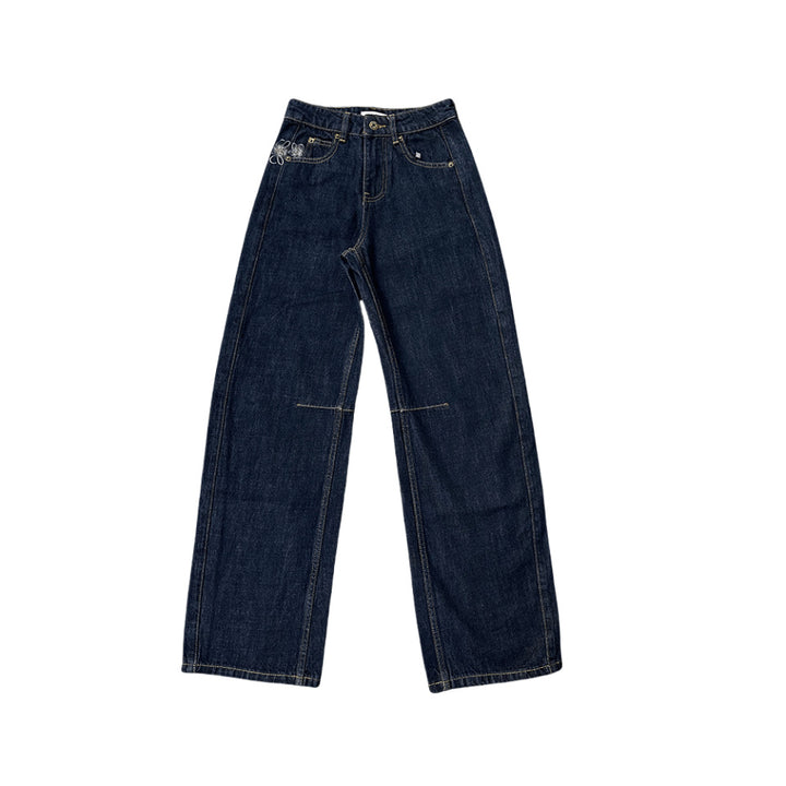 Dame brede denim-bukser med høj talje og diskret broderimønster Stilla