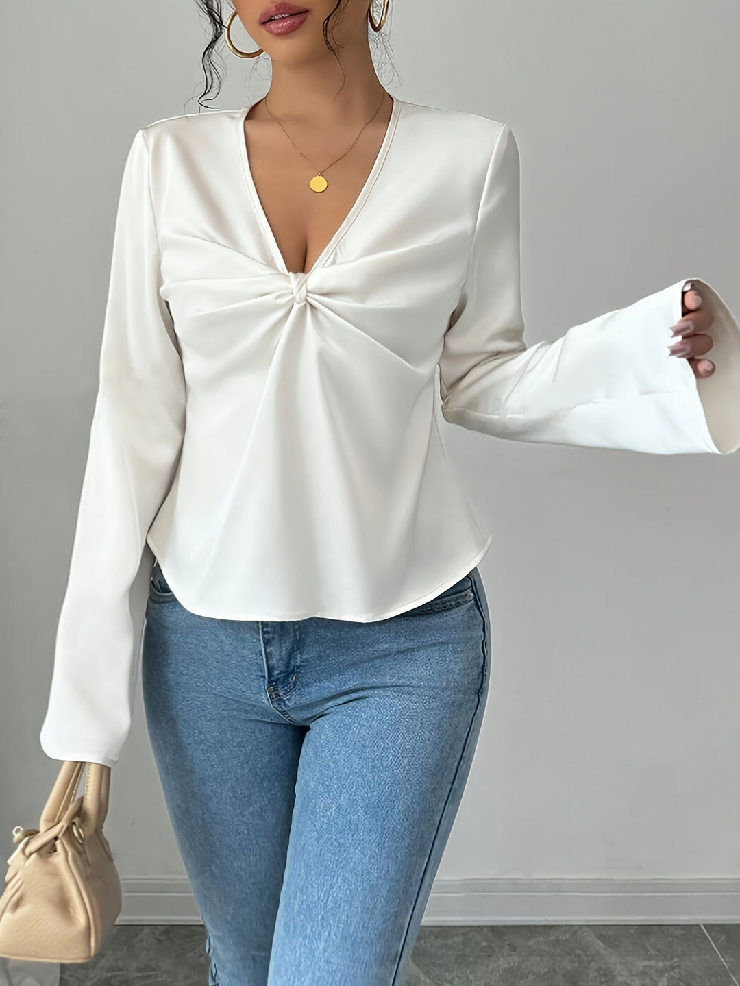 Dame Elegant V-Udskæring Rynket Bluse Stilla