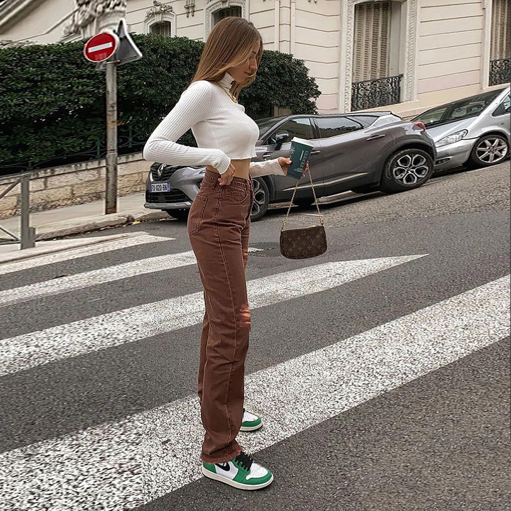 Dame brede high-waist jeans med fashionable revnedetaljer og cool snit Stilla