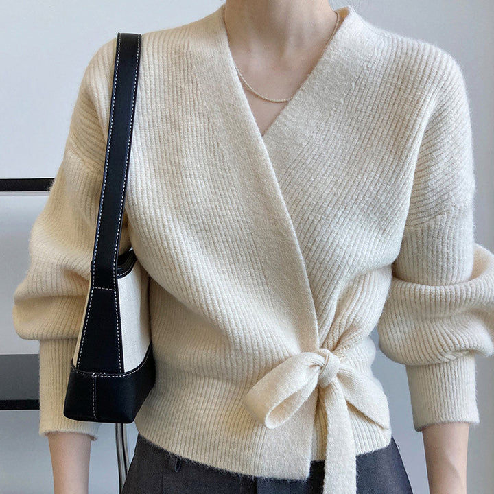 Damer elegant indpakning cardigan med dyb V-hals og fashionabelt bælte Stilla
