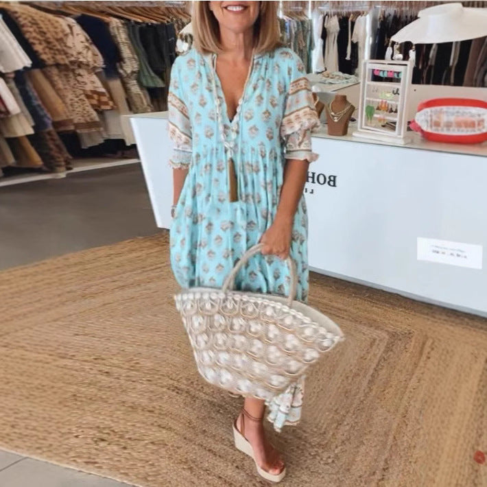 Dame Boho Maxikjole med elegant V-udskæring og legende detaljer Stilla
