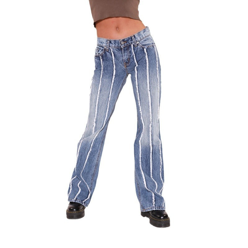 Dame Løs skåret jeans med stribet design og frynset kant Stilla