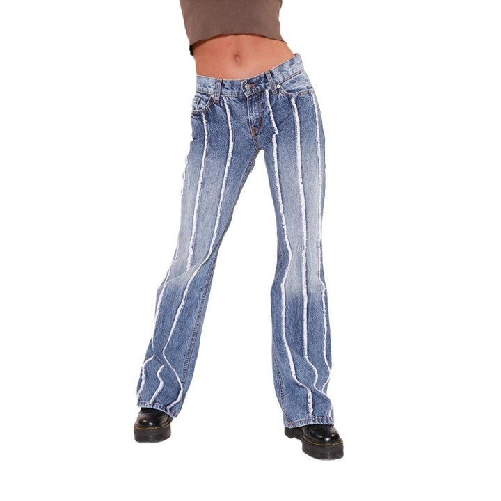 Dame Løs skåret jeans med stribet design og frynset kant Stilla
