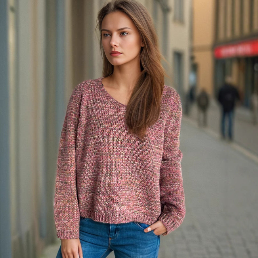 Kvinders afslappede V-hals sweater med moderne teksturmønster Stilla