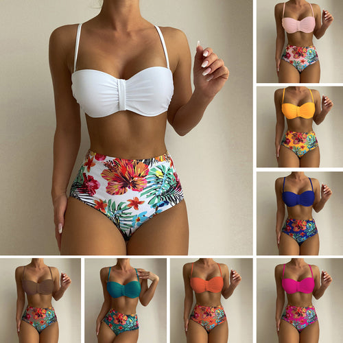 Dame Højtaljet Bikini-sæt med elegant rynkning og legende blomsterdesign Stilla