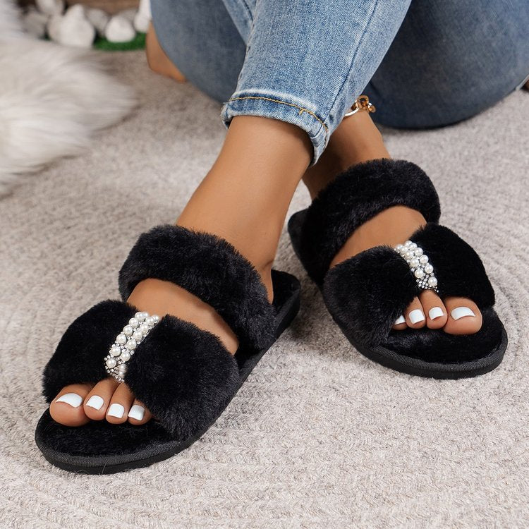 Dame fluffy pantofler med perleakkent Stilla