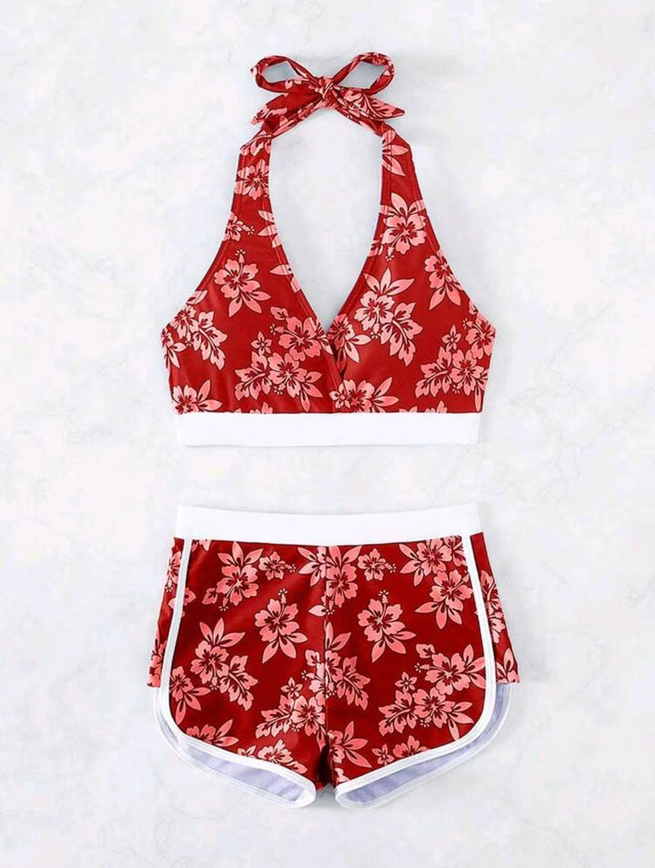 Dame bikini-sæt med blomsterdesign og fashionabel farvekontrast Stilla