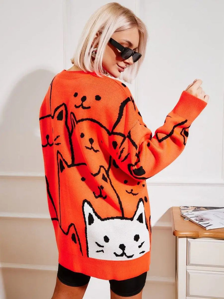 Dame stilfuld pullover med kattemotiv og afslappet snit Stilla
