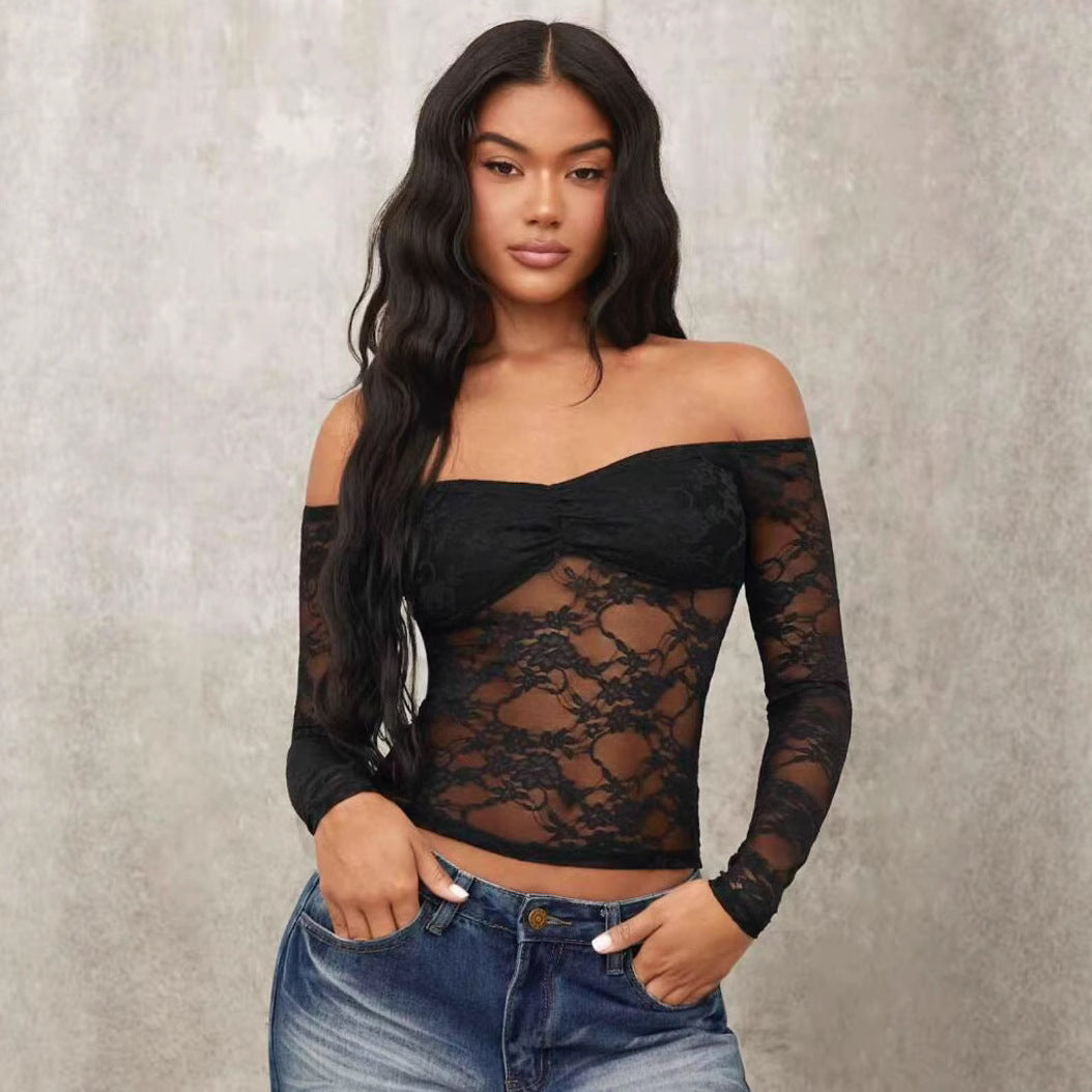 Dame Off-Shoulder Spids Top med lange ærmer og romantiske detaljer Skovae