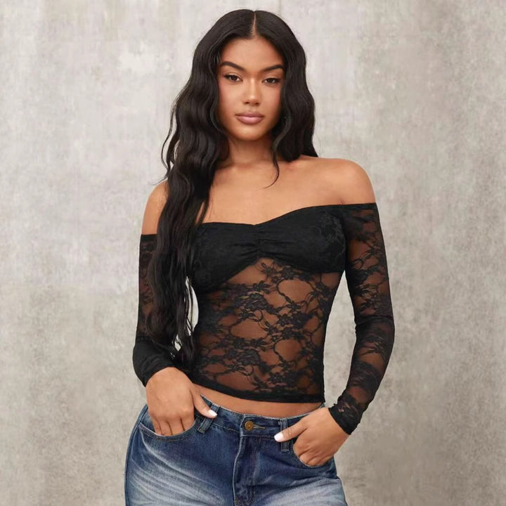 Dame Off-Shoulder Spids Top med lange ærmer og romantiske detaljer Skovae