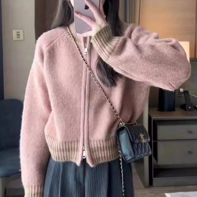 Kvinders sporty strik cardigan med lynlås og stribet manchet Stilla