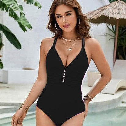 Dame one-piece badeshorts med dyb V-udskæring og mode knapdetaljer Skovae